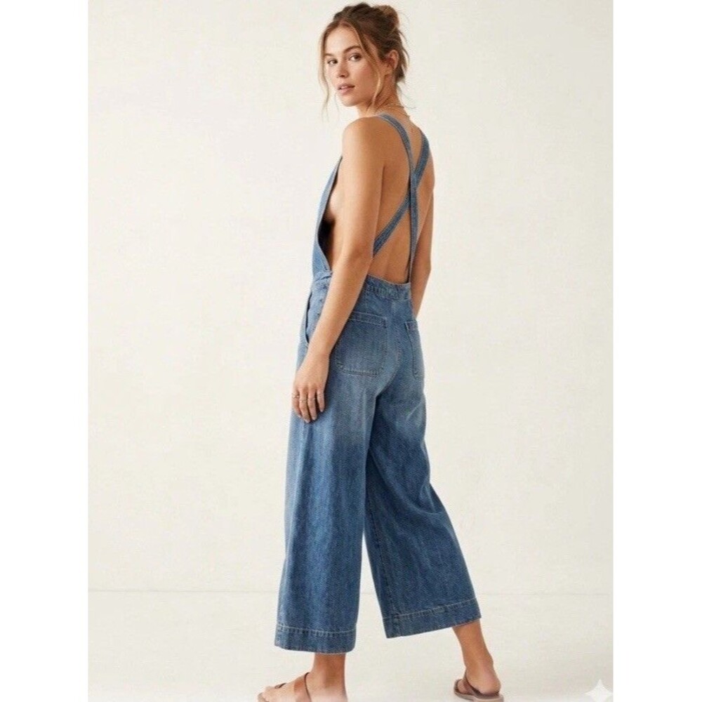 Free People We The Free Rambler Denim Wide Leg Overalls Jumpsuit Size 4W